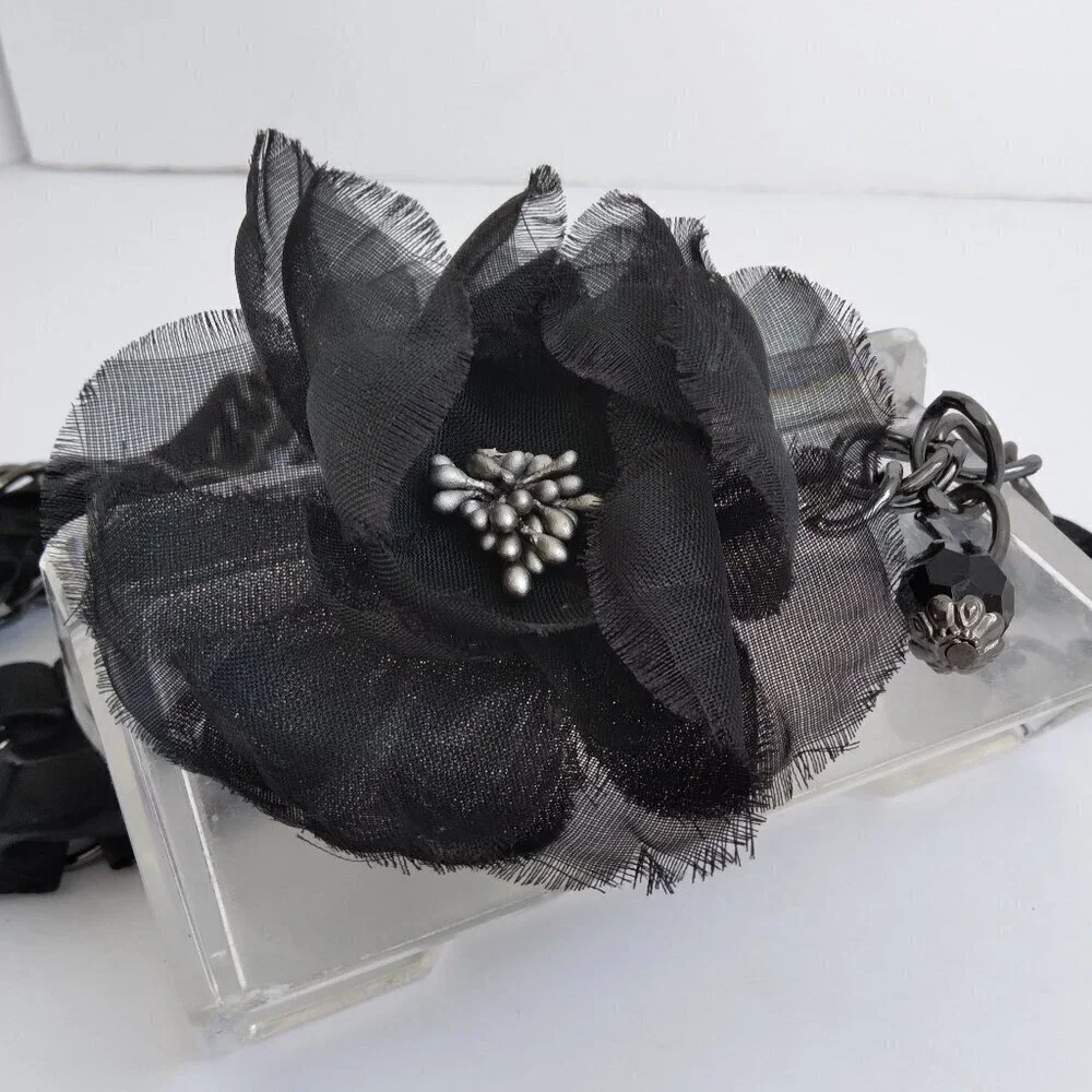 Black Dahlia Flower Taffeta Ruffle Over Gunmetal Chain Bead Belt